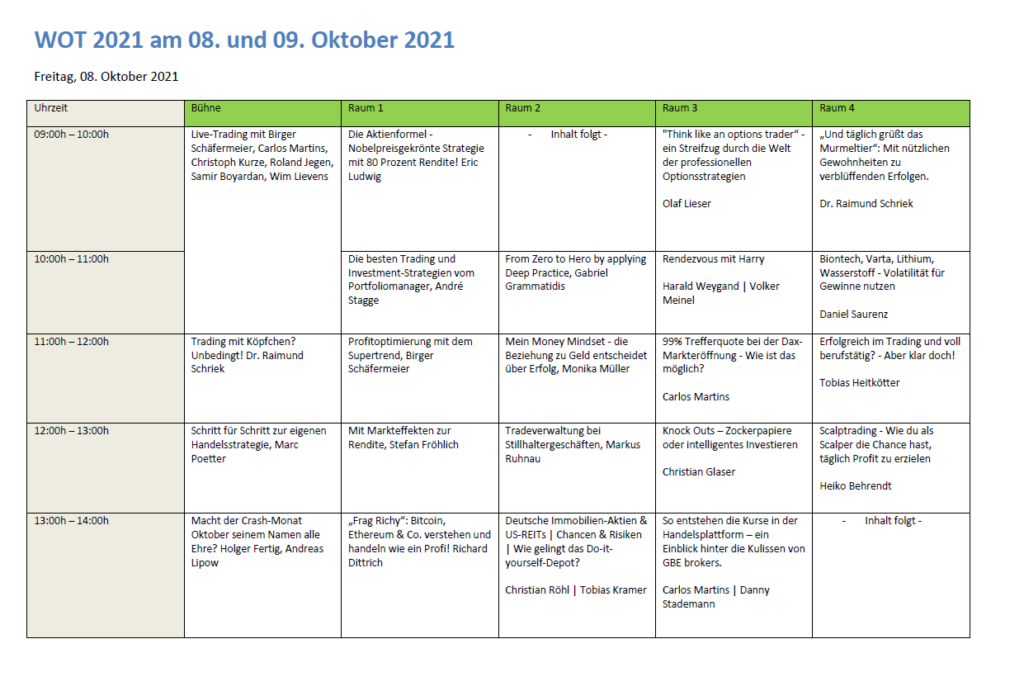 Mit dem WOT-Plan zum Ausdrucken und Rummalen ist man an beiden Messetagen  im Oktober 2021 immer auf dem Laufenden.