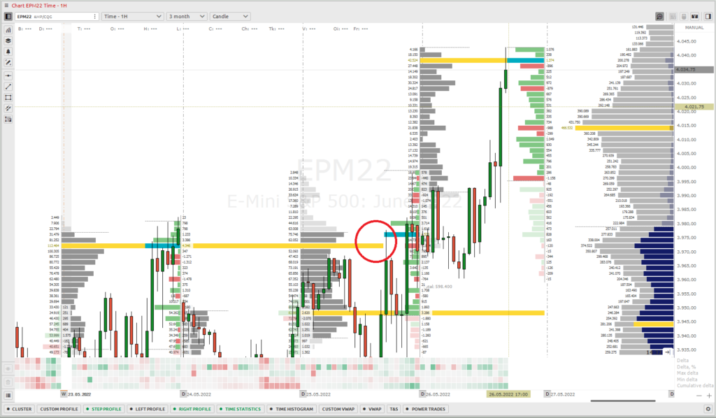 Der VPOC auf der Marke von 3.972 Punkten im S&P (roter Kreis) wurde erst am übernächsten Tag noch mal aufgesucht und war so lange "naked". Zunächst wurden wir hier noch einmal in Short-Richtung abgelehnt. Doch nachdem die Marke überwunden war, diente sie als starkter Support und es folgten höhere Kurse in der nächsten Session.